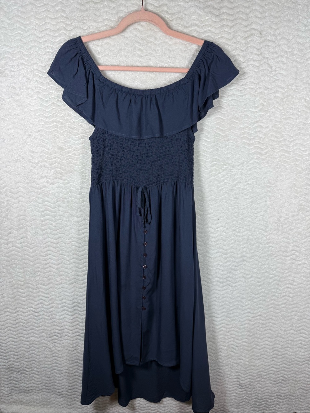 Smocked One-Shoulder Navy Blue Maxi Dress with Ruffle